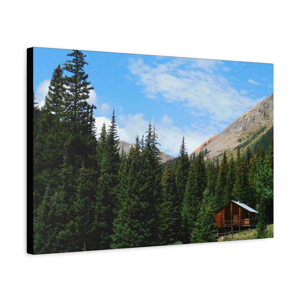 Mountain Cabin Canvas Wall Art — Rustic Forest Lodge Landscape Print
