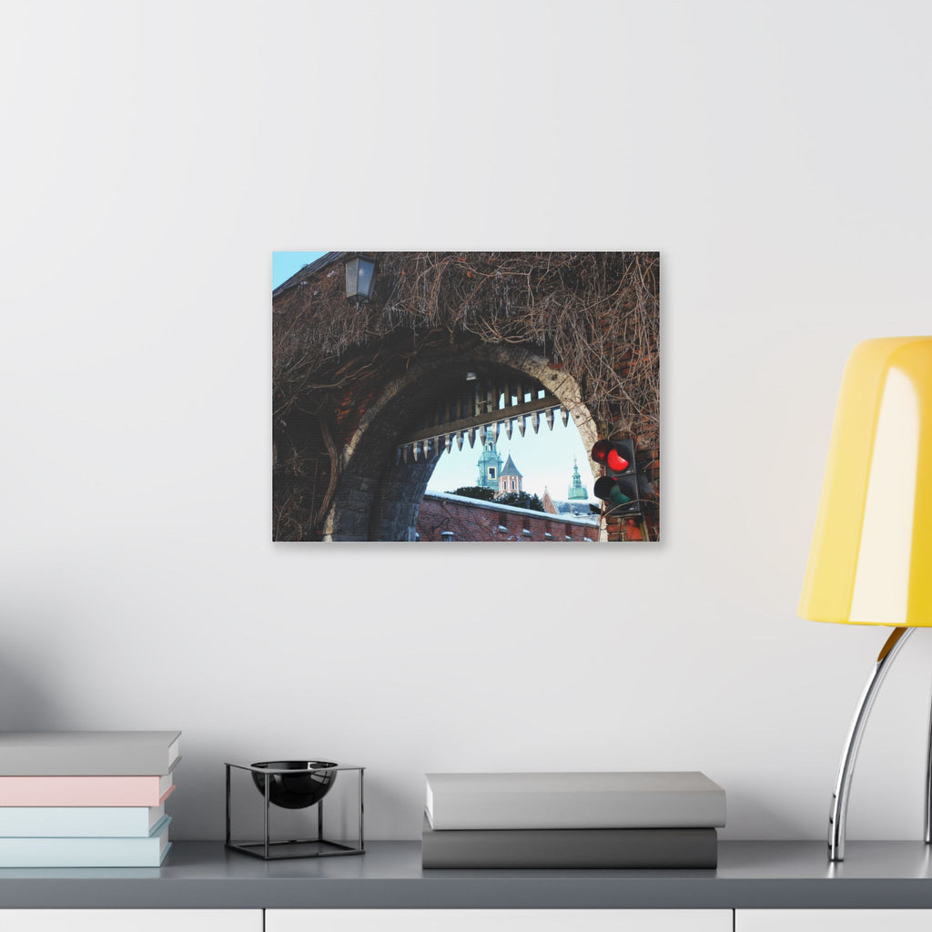 Historic City Arch Canvas Print — European Winter Street Scene Wall Art