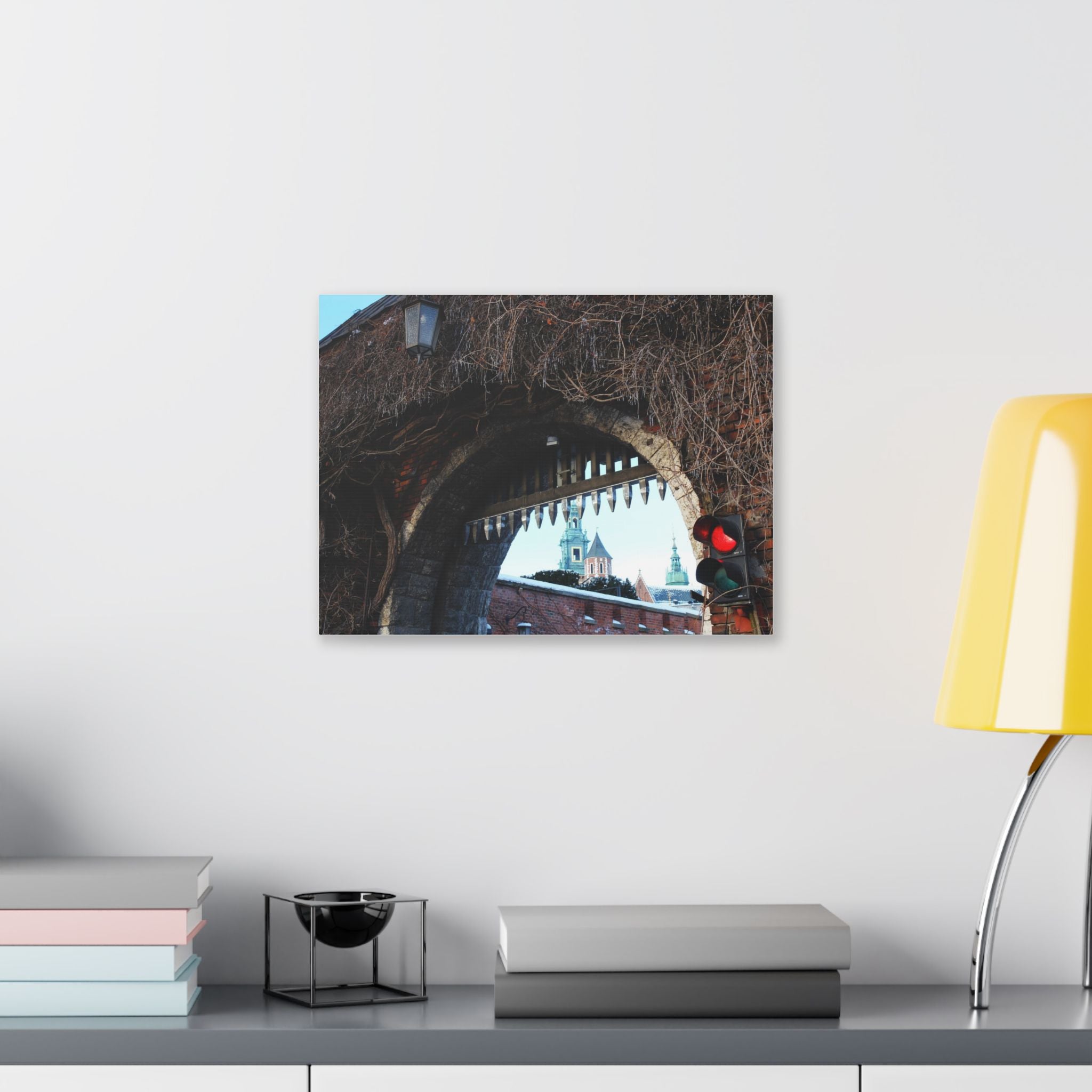 Historic City Arch Canvas Print — European Winter Street Scene Wall Art