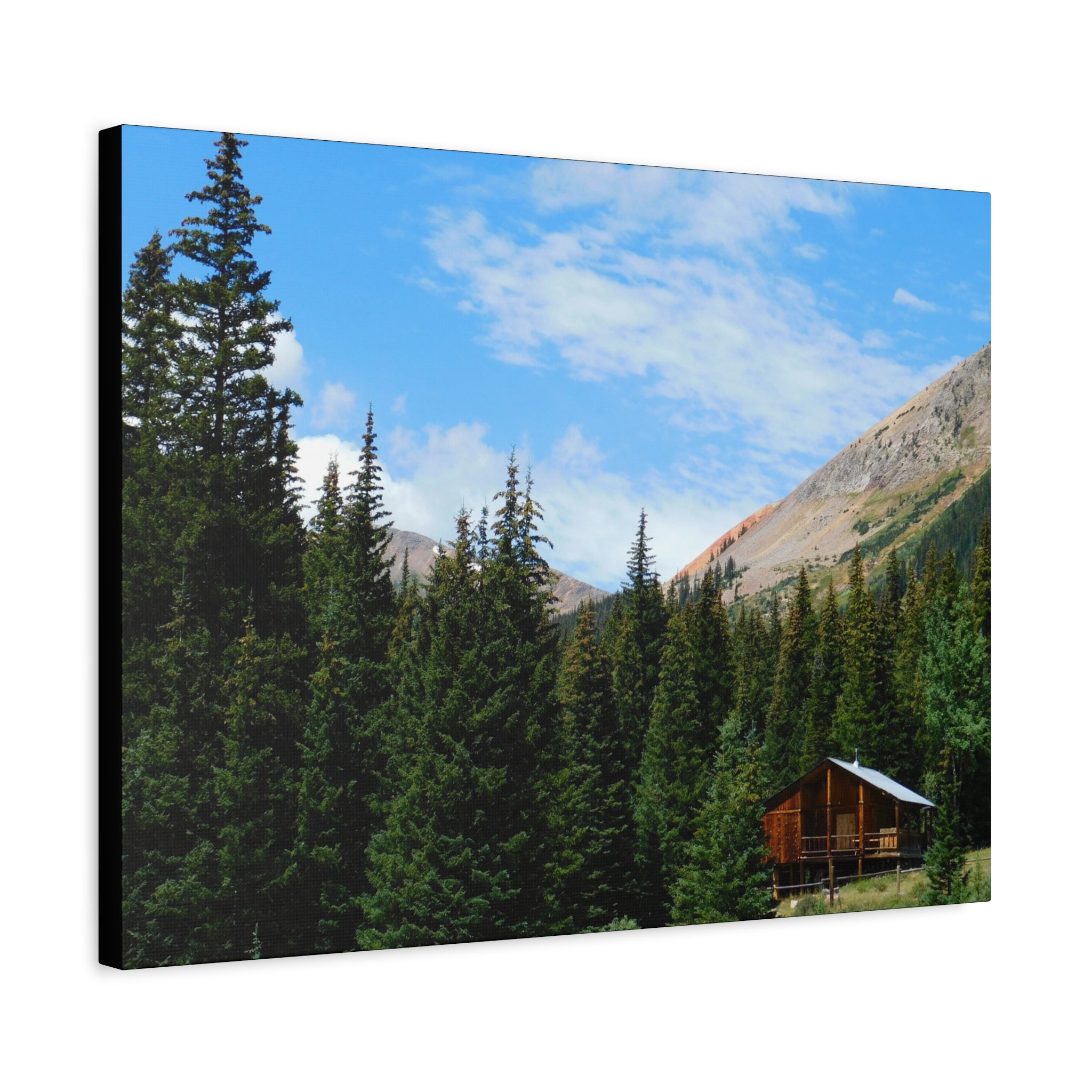 Mountain Cabin Canvas Wall Art — Rustic Forest Lodge Landscape Print