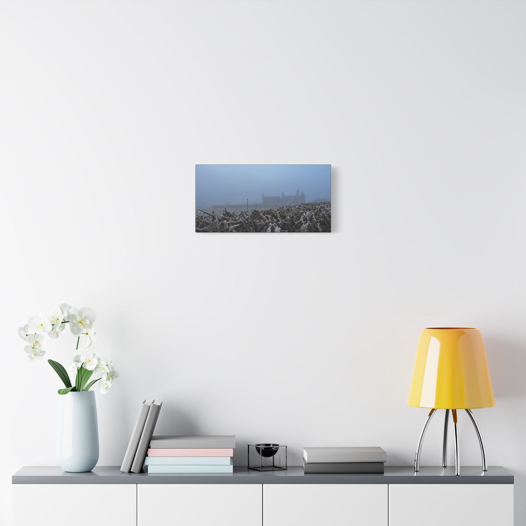 Frosty Morning Ruins Canvas Print — Misty Landscape Matte Stretched Wall Art