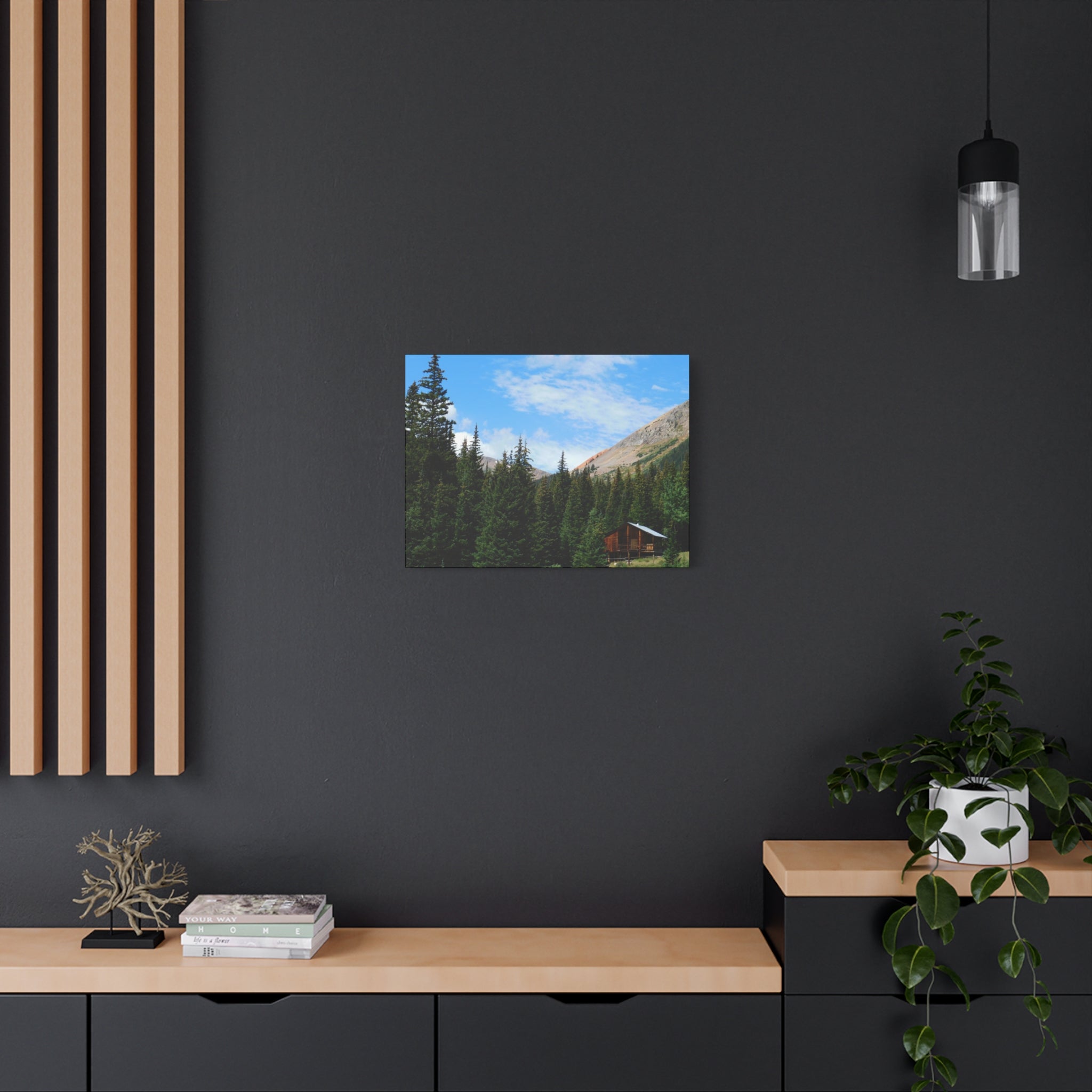 Mountain Cabin Canvas Wall Art — Rustic Forest Lodge Landscape Print