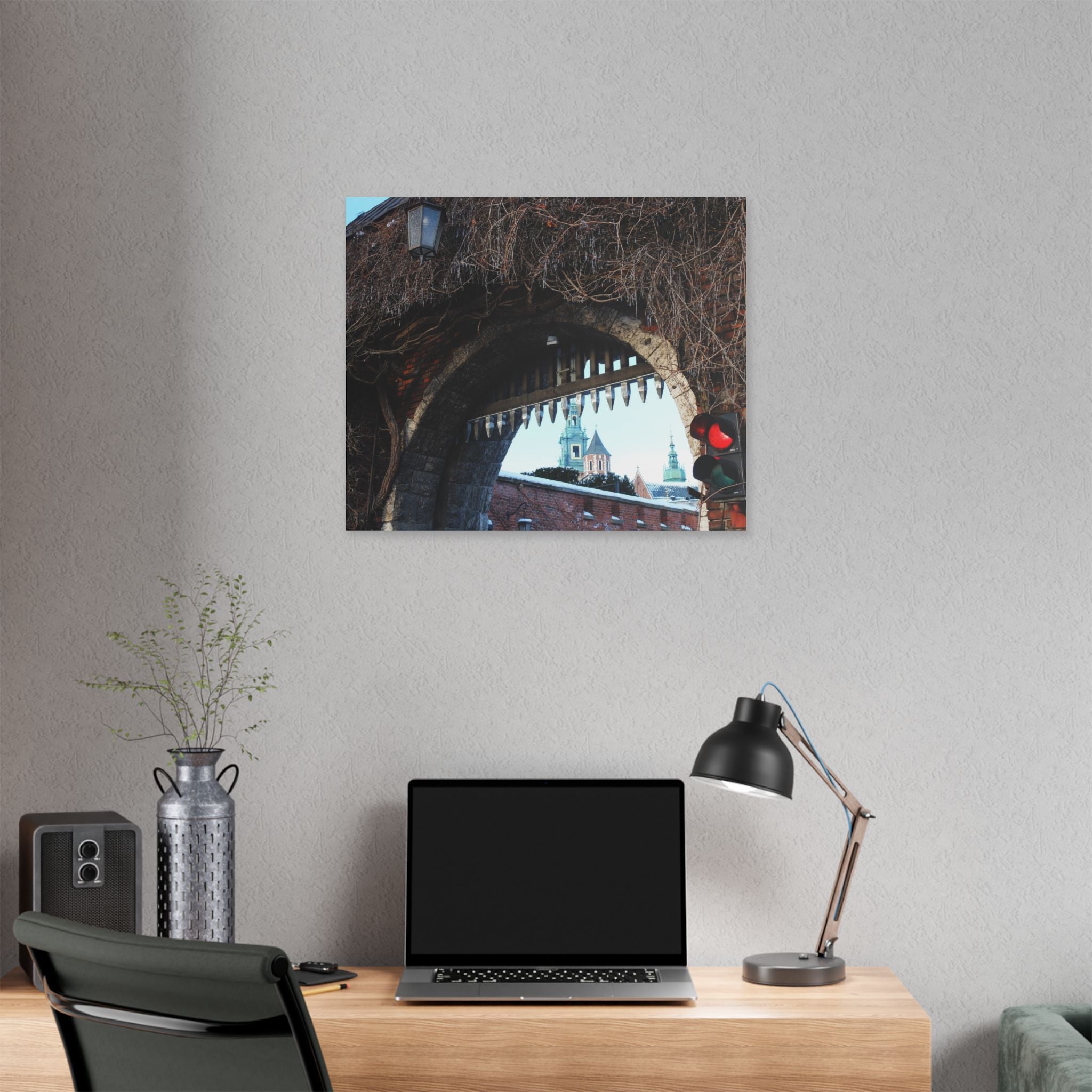 Historic City Arch Canvas Print — European Winter Street Scene Wall Art