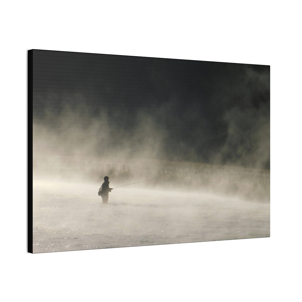 Misty Solitude Canvas Print — Lone Fisherman Foggy Lake Wall Art