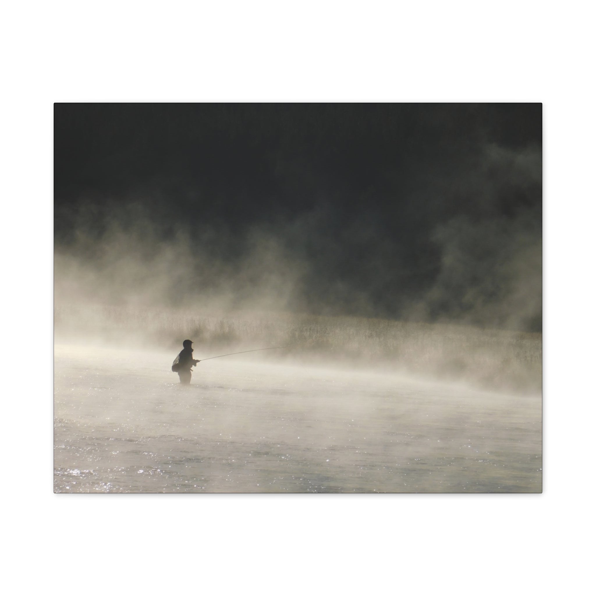 Misty Solitude Canvas Print — Lone Fisherman Foggy Lake Wall Art