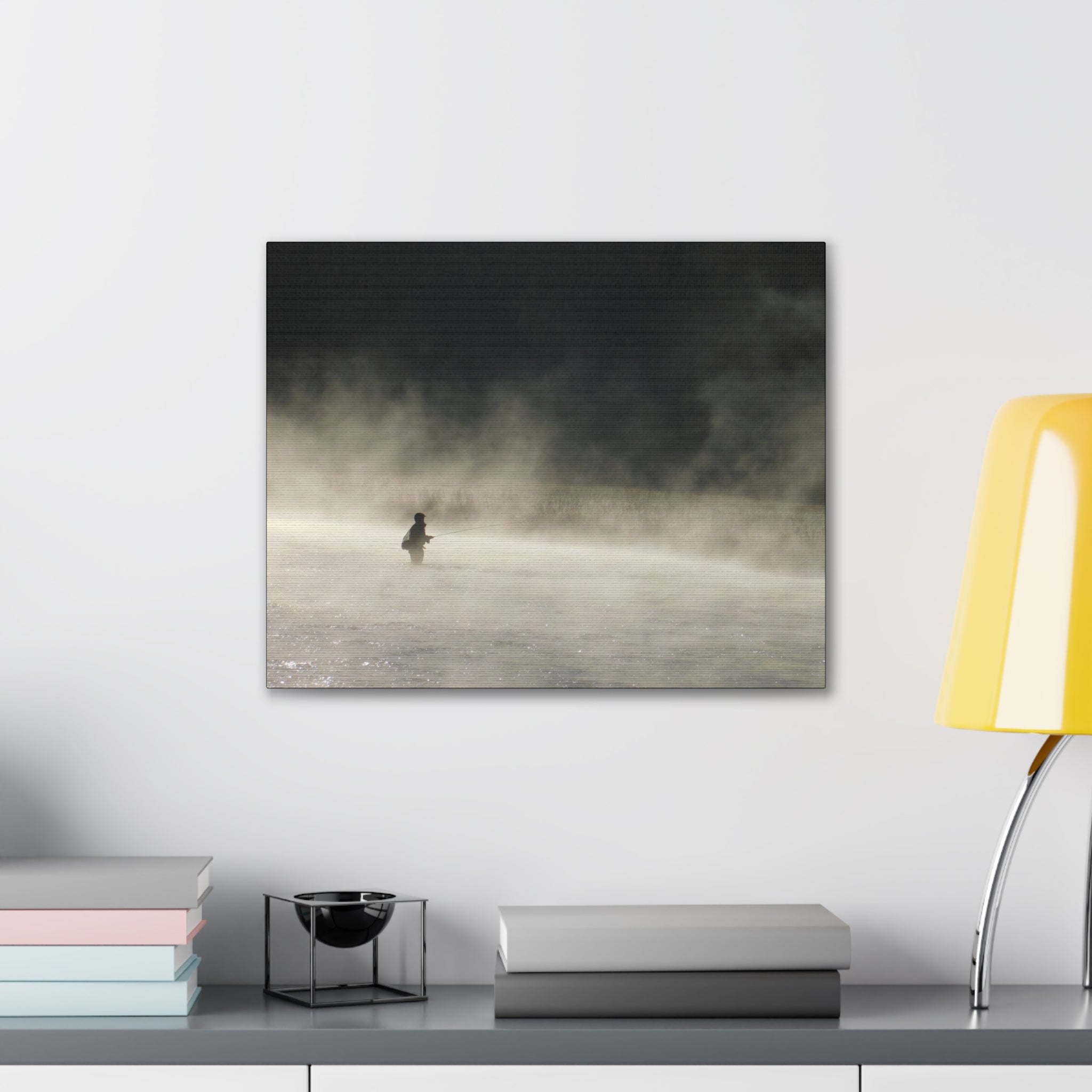 Misty Solitude Canvas Print — Lone Fisherman Foggy Lake Wall Art