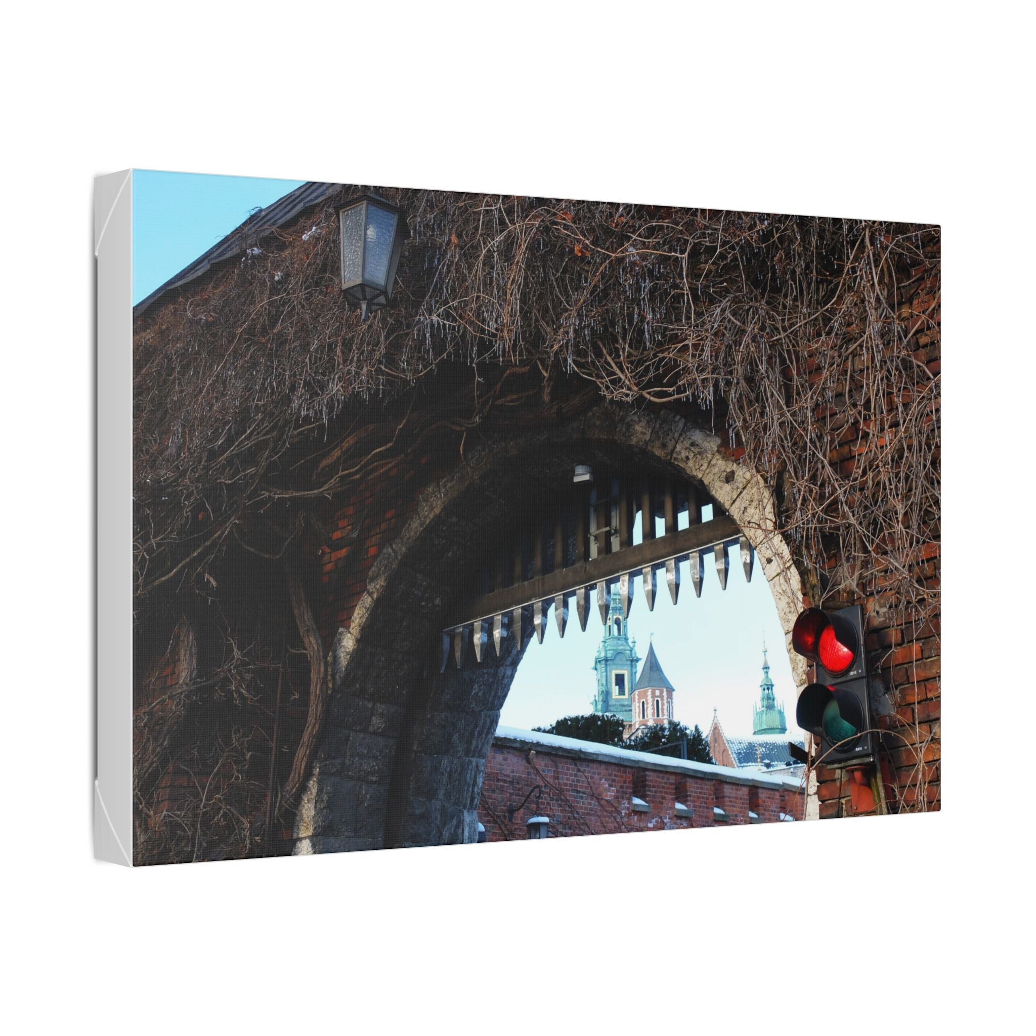 Historic City Arch Canvas Print — European Winter Street Scene Wall Art