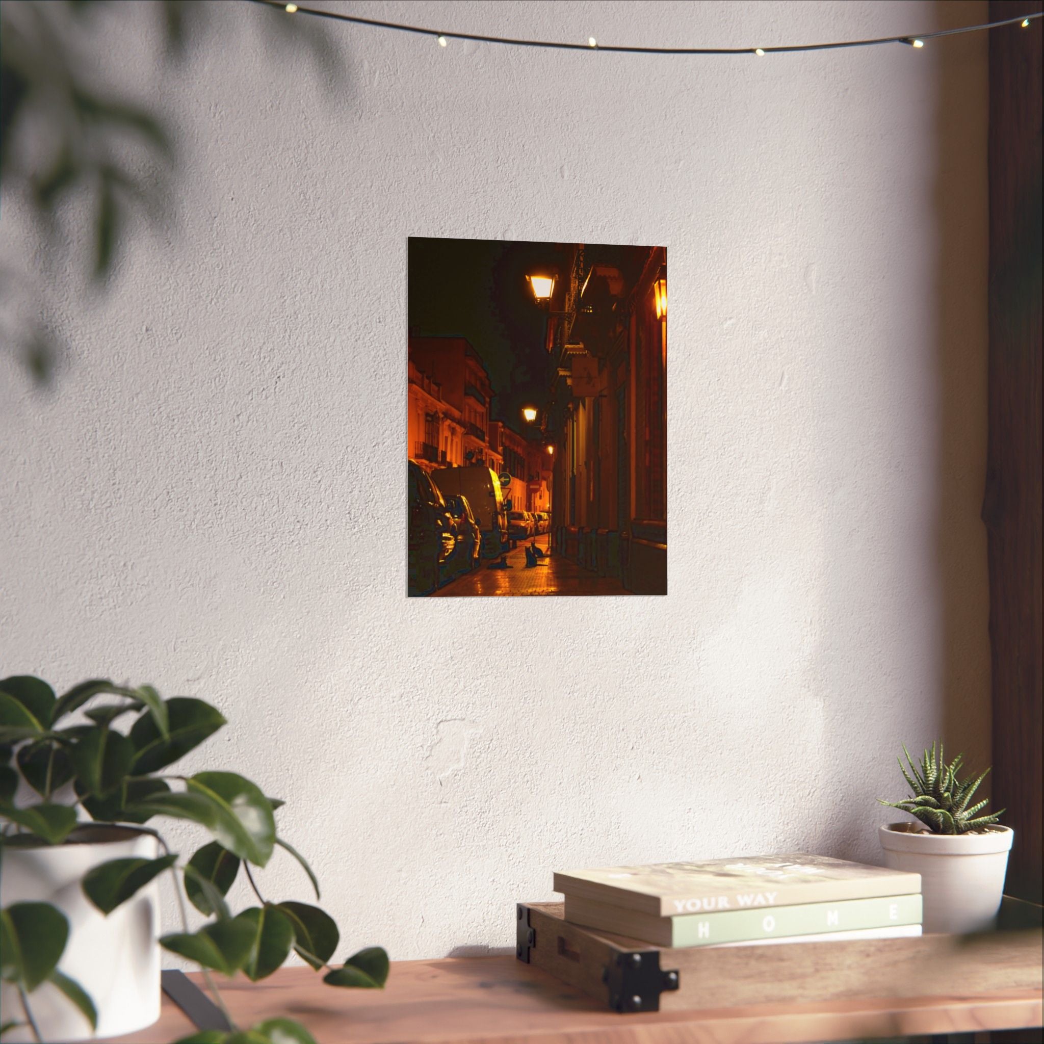 Secret Spanish Cat Committee Vertical Poster — Nighttime European Street with Warm Lamp Glow