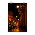 Secret Spanish Cat Committee Vertical Poster — Nighttime European Street with Warm Lamp Glow