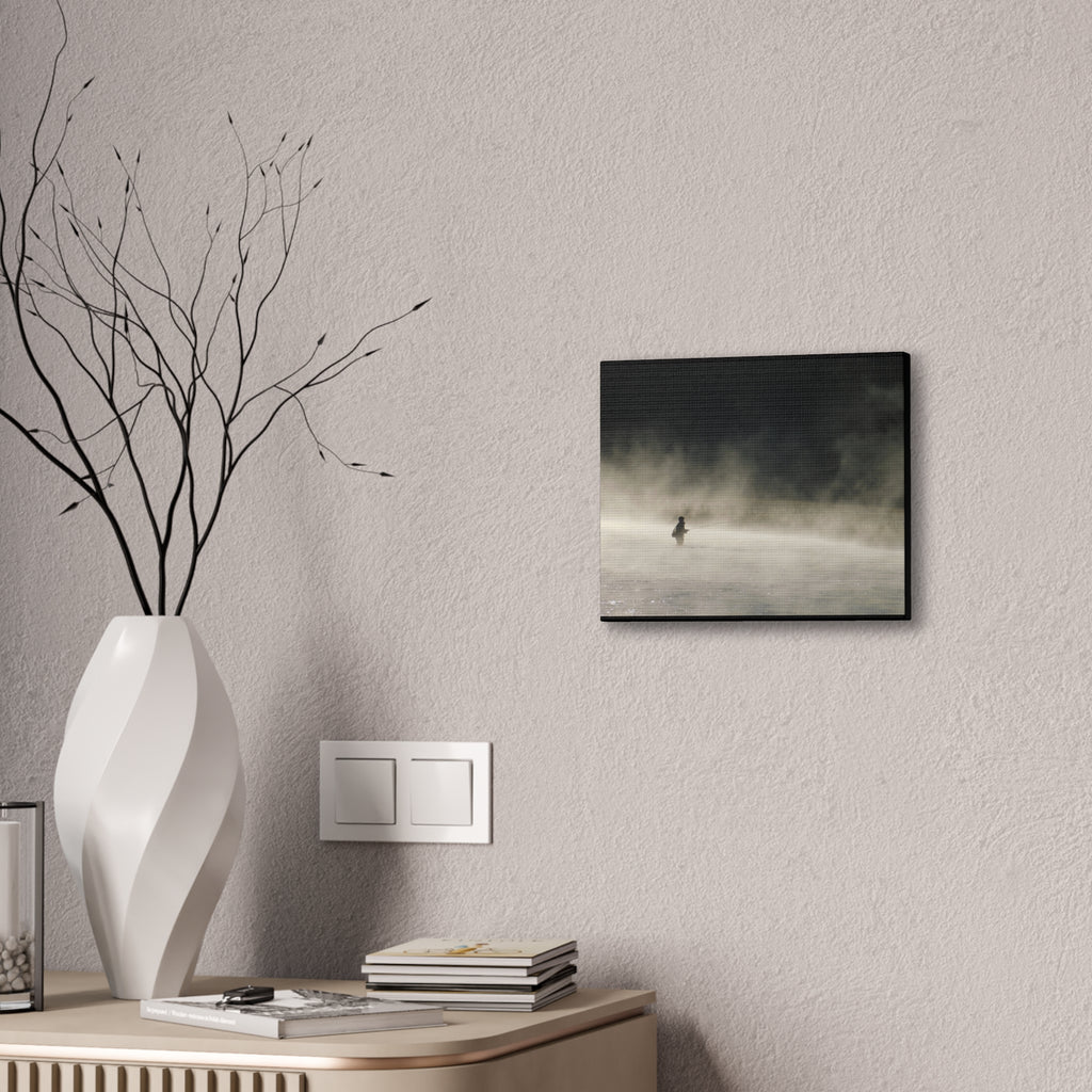Misty Solitude Canvas Print — Lone Fisherman Foggy Lake Wall Art