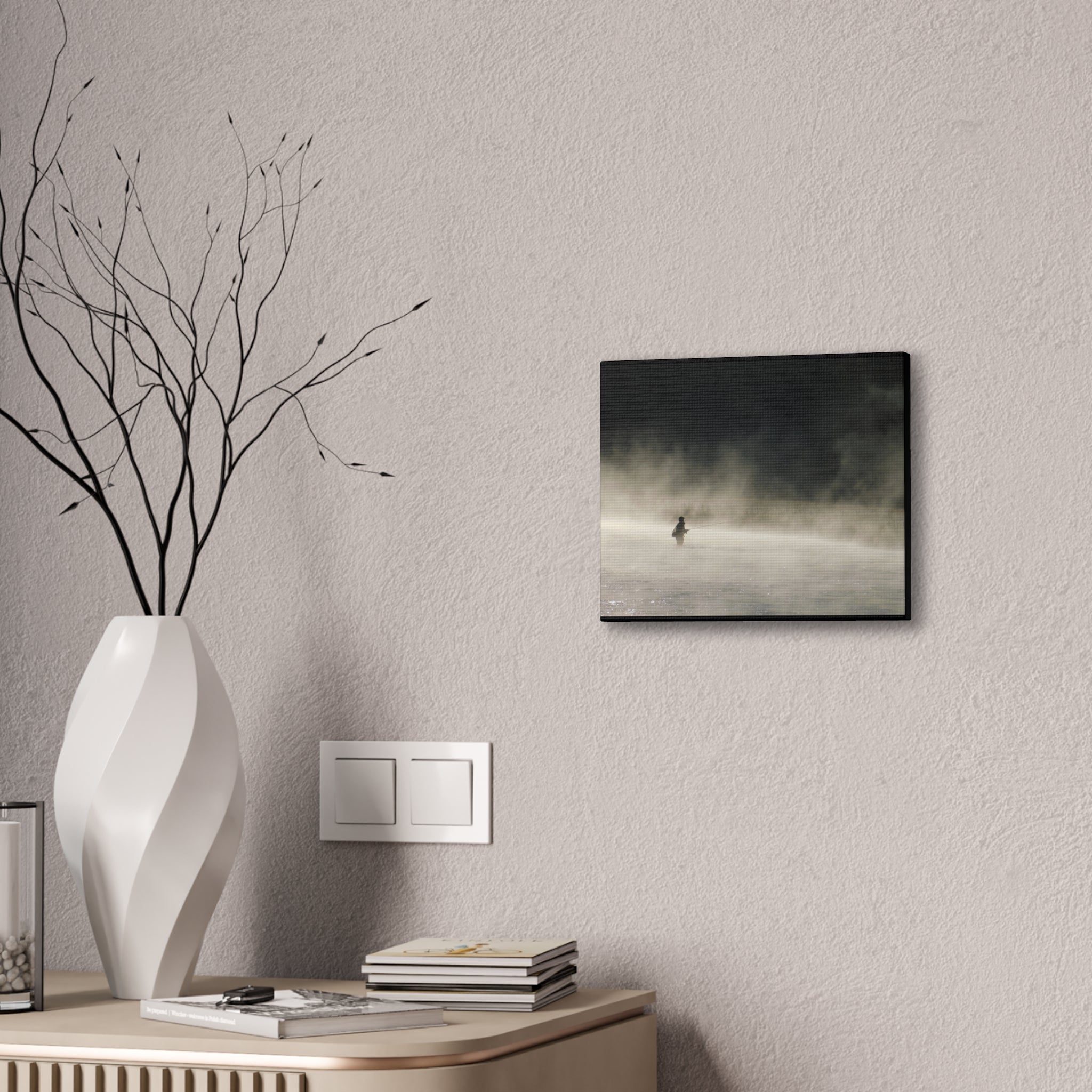 Misty Solitude Canvas Print — Lone Fisherman Foggy Lake Wall Art