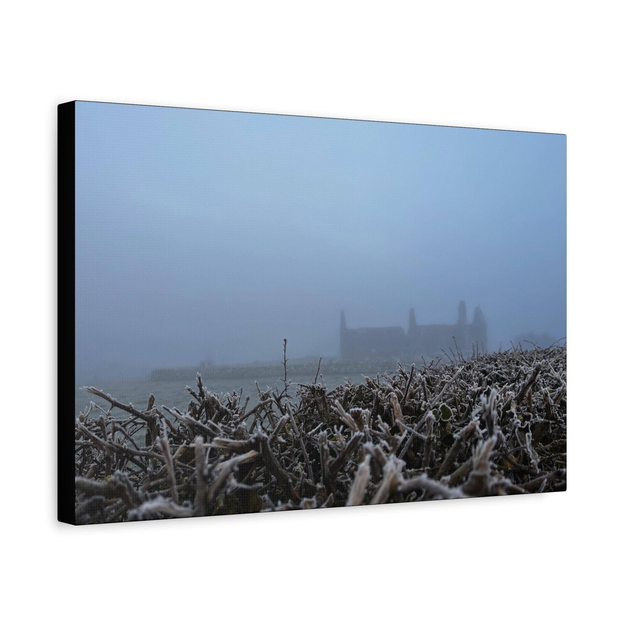 Frosty Morning Ruins Canvas Print — Misty Landscape Matte Stretched Wall Art