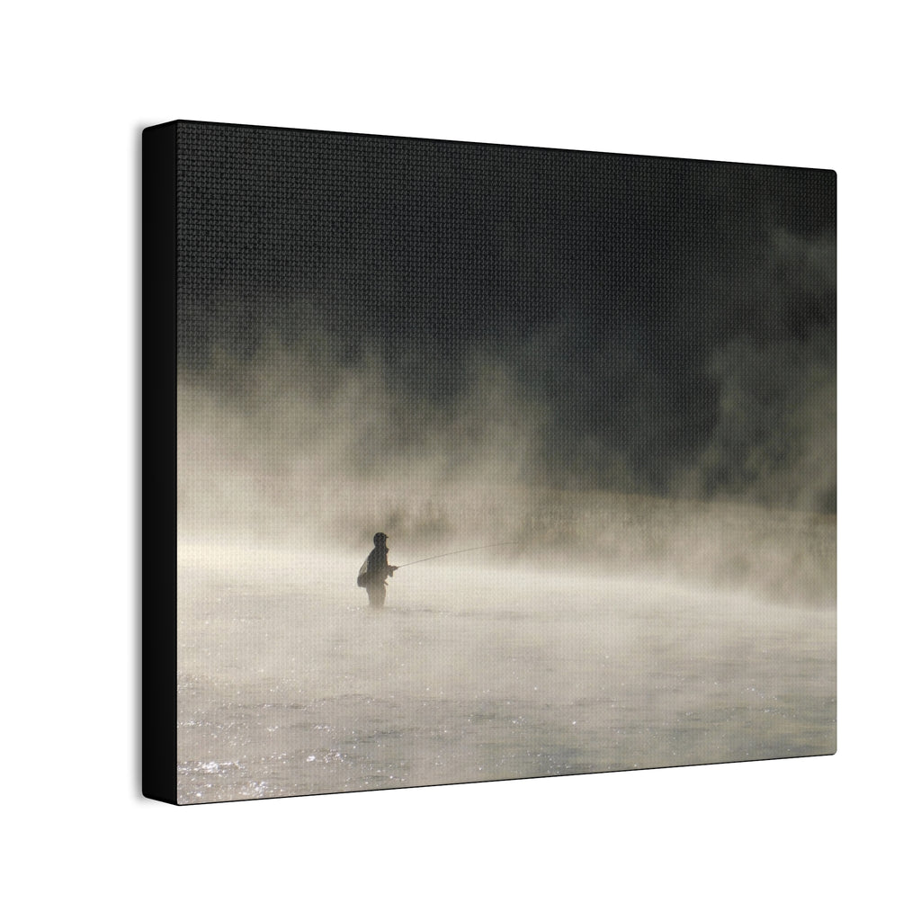 Misty Solitude Canvas Print — Lone Fisherman Foggy Lake Wall Art