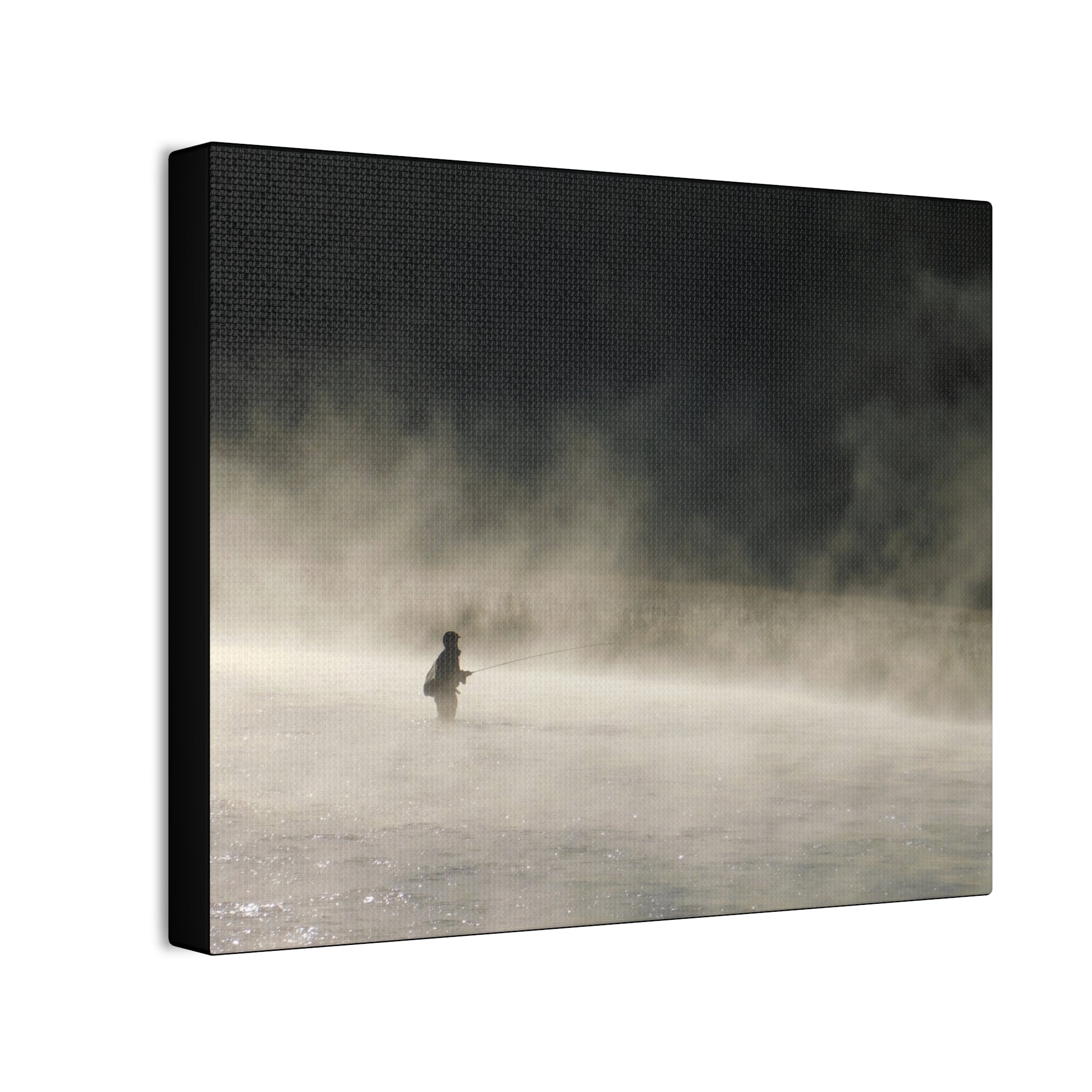 Misty Solitude Canvas Print — Lone Fisherman Foggy Lake Wall Art