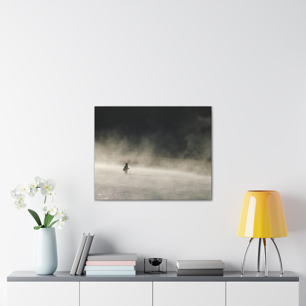 Misty Solitude Canvas Print — Lone Fisherman Foggy Lake Wall Art