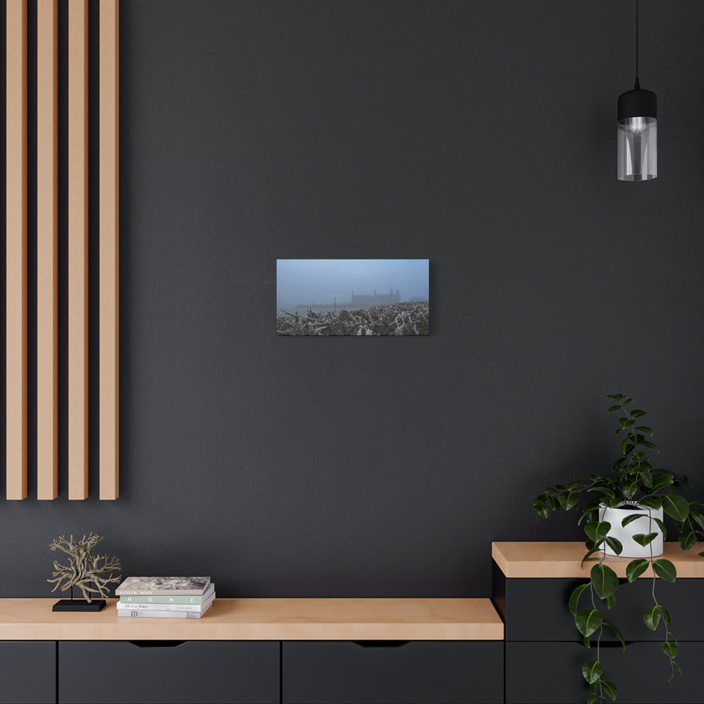 Frosty Morning Ruins Canvas Print — Misty Landscape Matte Stretched Wall Art