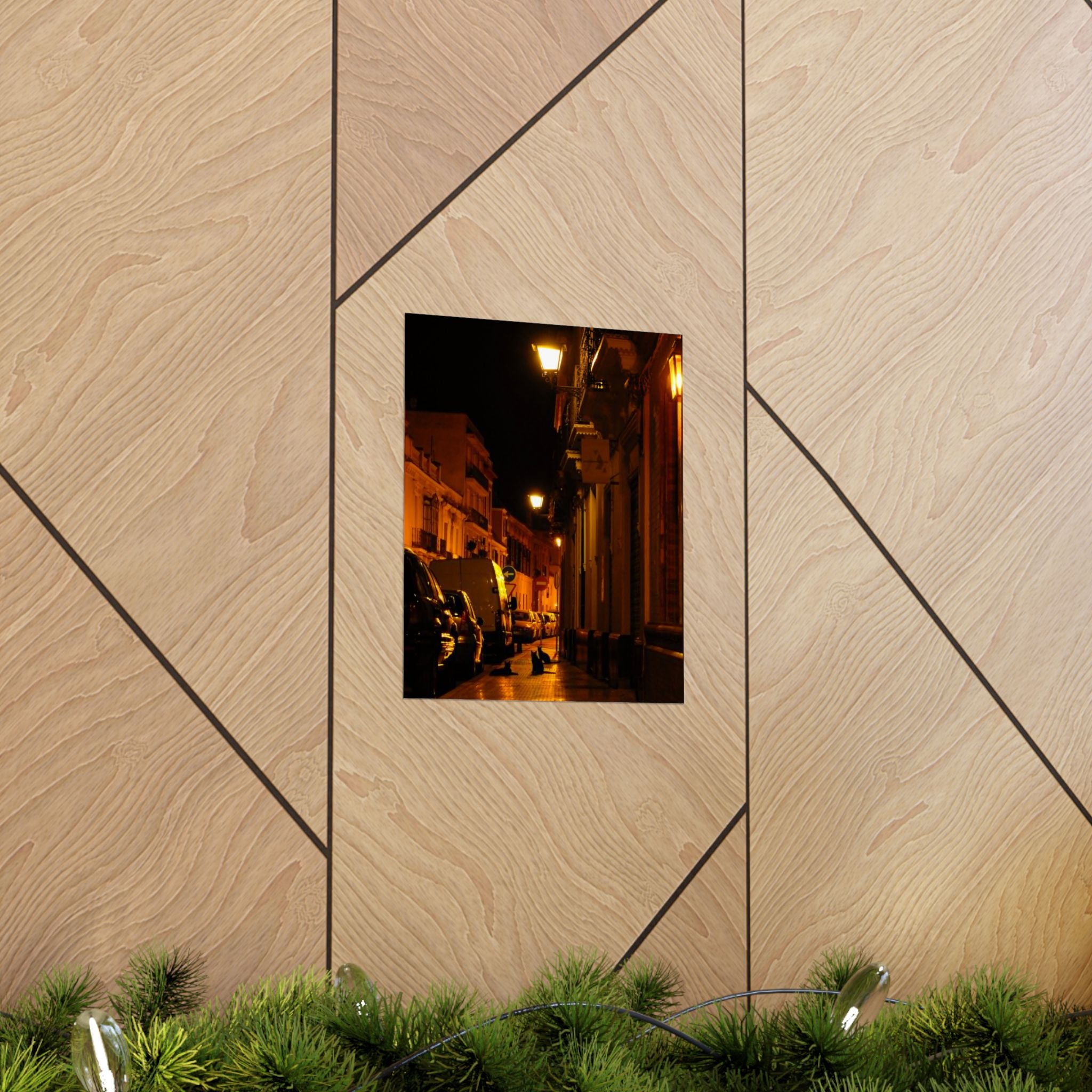 Secret Spanish Cat Committee Vertical Poster — Nighttime European Street with Warm Lamp Glow