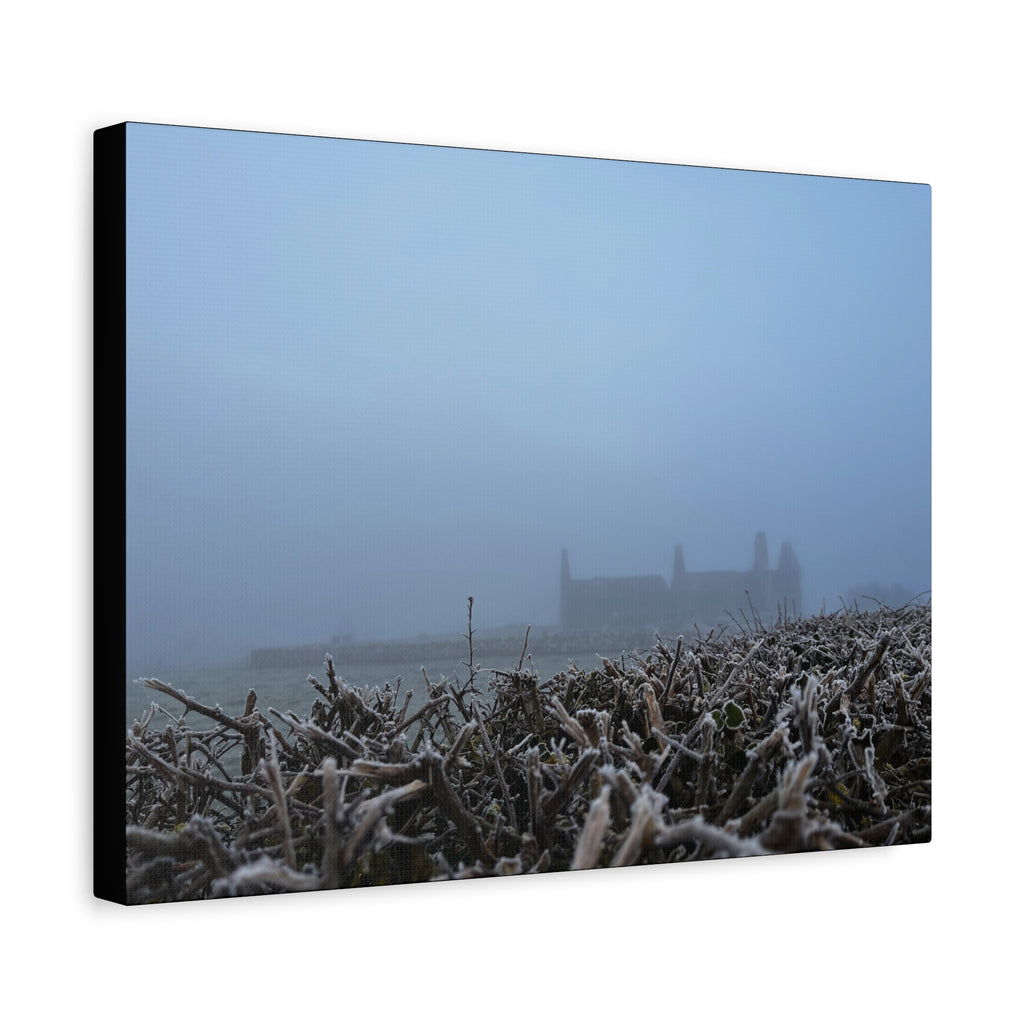 Frosty Morning Ruins Canvas Print — Misty Landscape Matte Stretched Wall Art