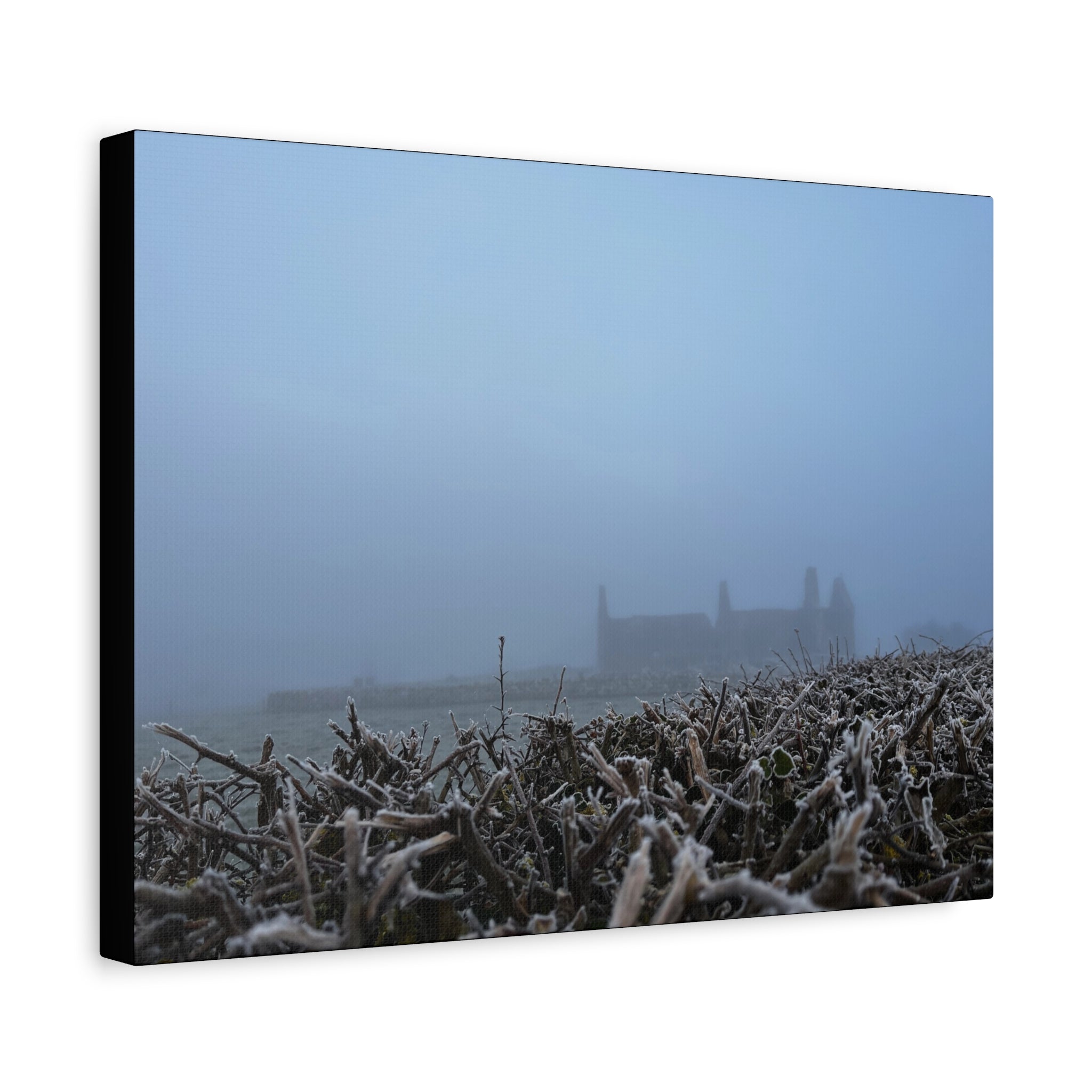 Frosty Morning Ruins Canvas Print — Misty Landscape Matte Stretched Wall Art
