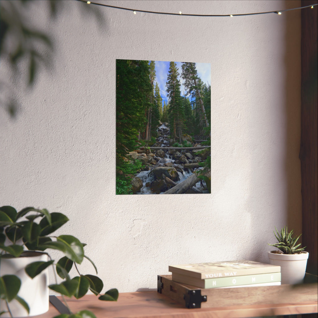 Mountain Stream Forest Matte Poster — Vertical Nature Wall Art