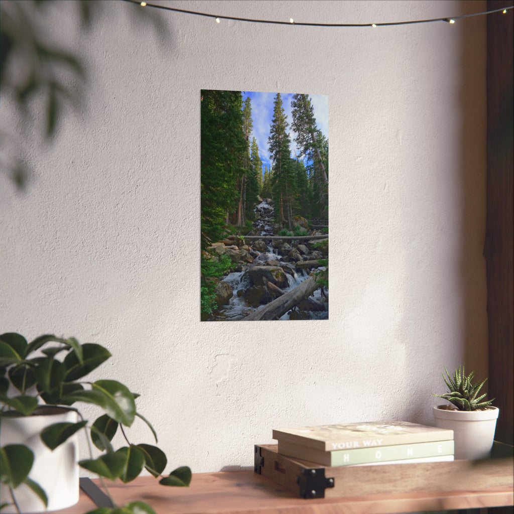Mountain Stream Forest Matte Poster — Vertical Nature Wall Art