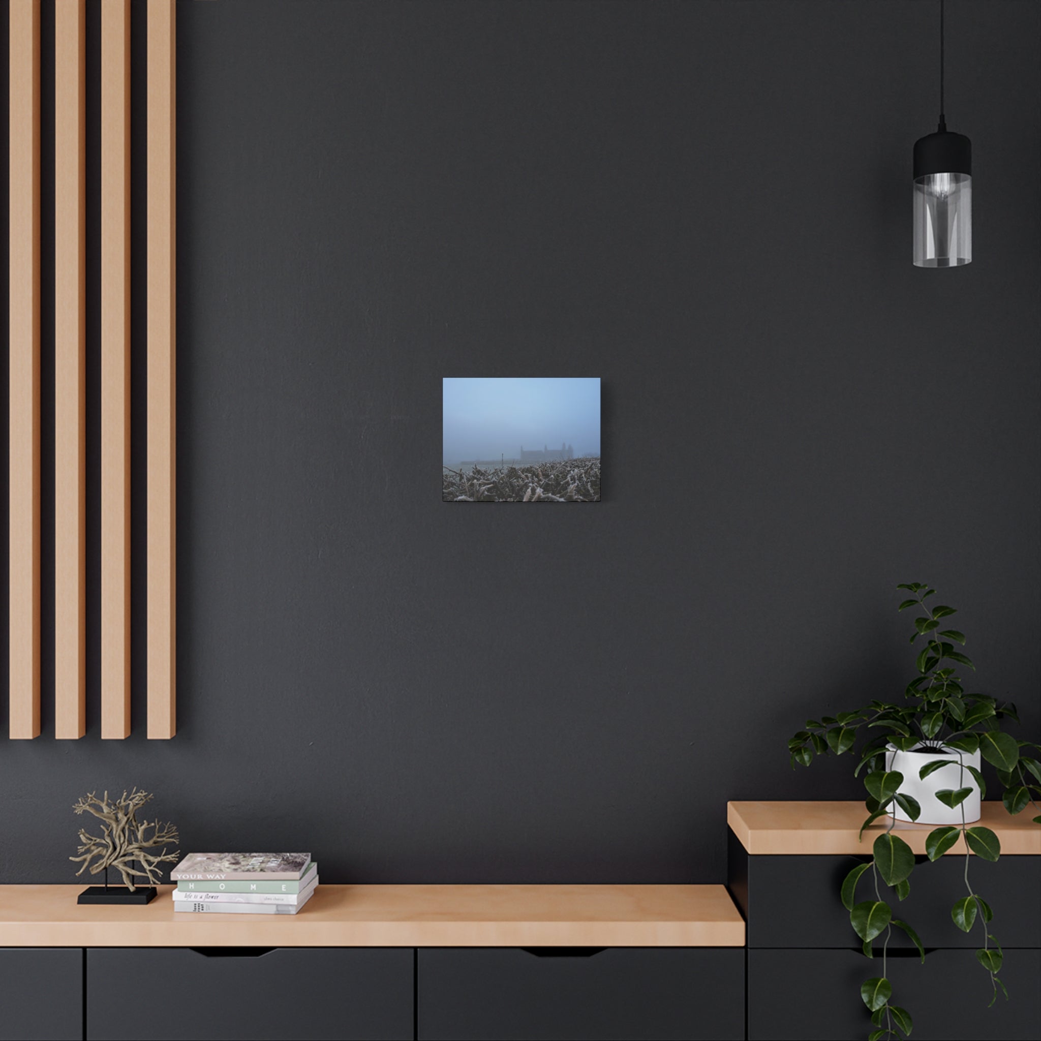 Frosty Morning Ruins Canvas Print — Misty Landscape Matte Stretched Wall Art