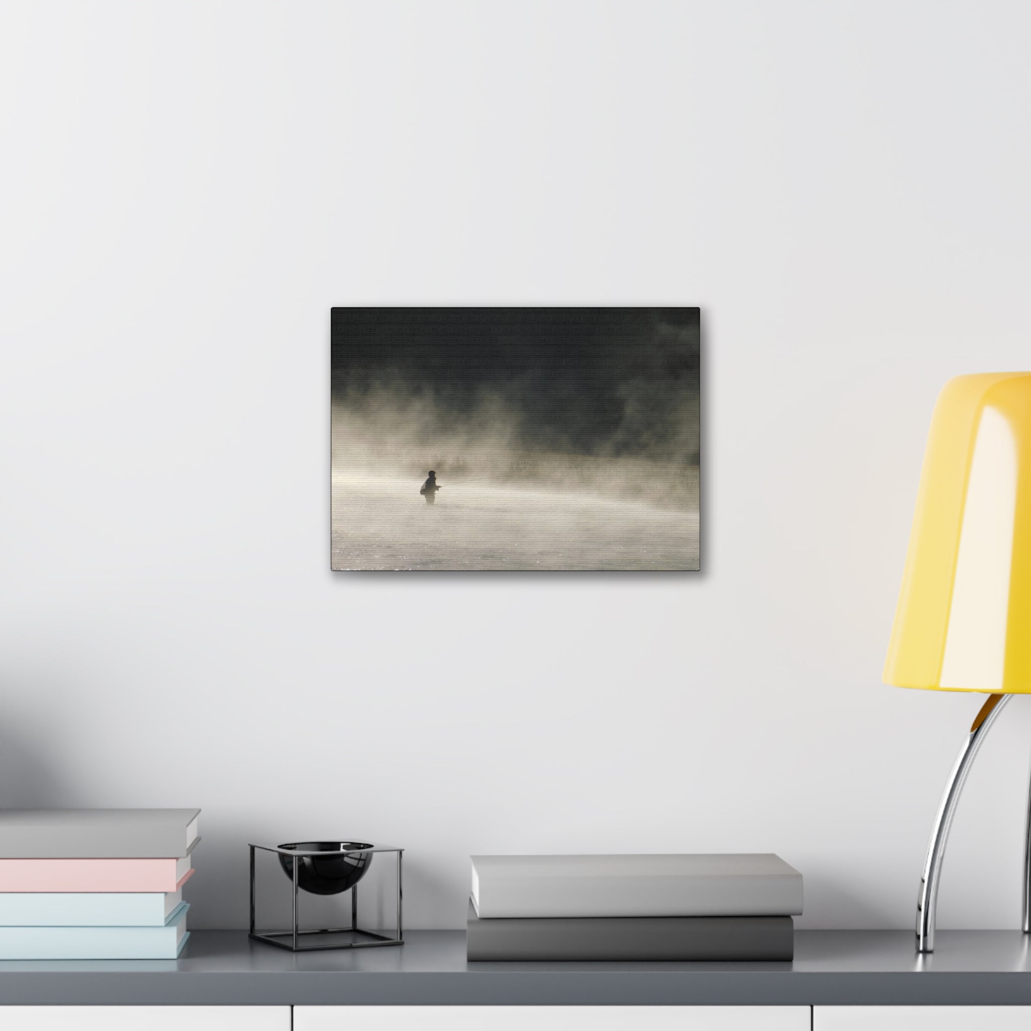 Misty Solitude Canvas Print — Lone Fisherman Foggy Lake Wall Art