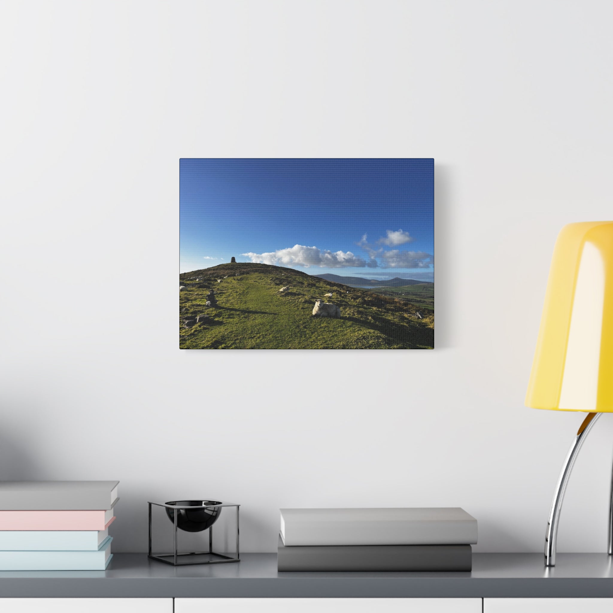 Sheep Lookout Canvas Print – Rolling Green Hills with Blue Sky