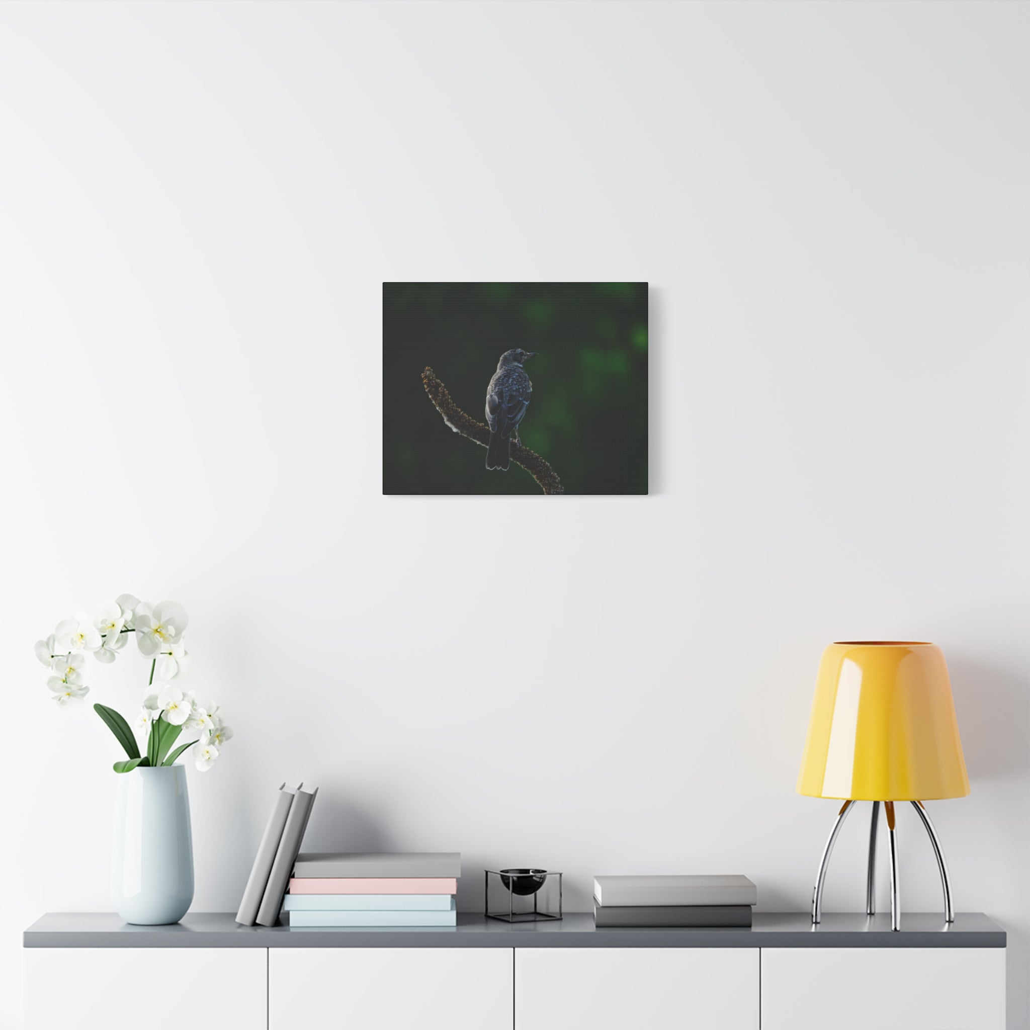 Robin on Branch Matte Canvas Wall Art — Moody Nature Photography Print