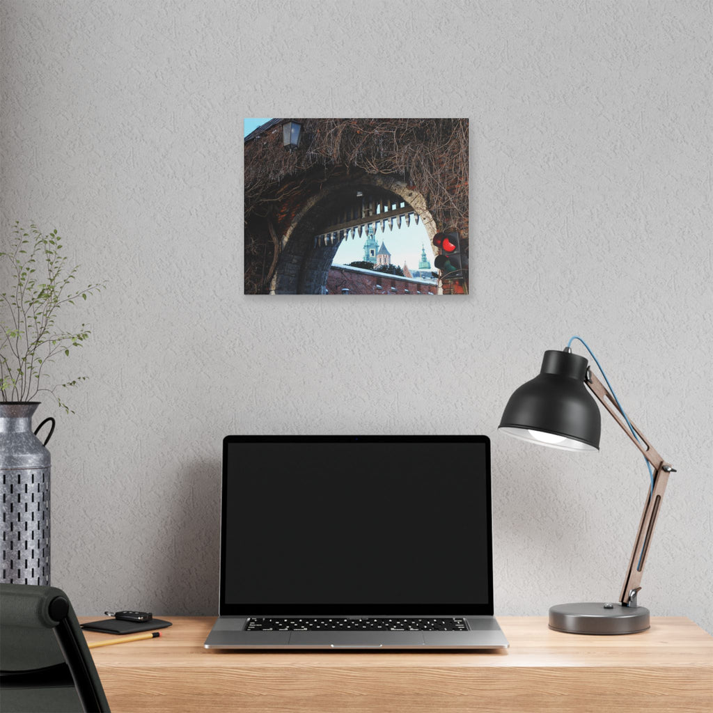 Historic City Arch Canvas Print — European Winter Street Scene Wall Art