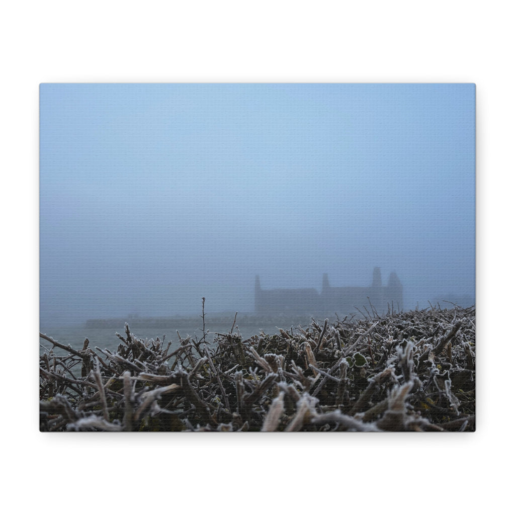 Frosty Morning Ruins Canvas Print — Misty Landscape Matte Stretched Wall Art